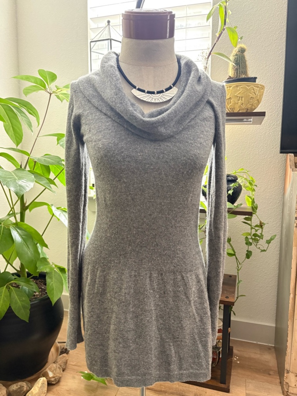 BCBG Angora Wool Gray Cowl Neck Long Sleeve Sweater Dress w/ Fitted drop waist